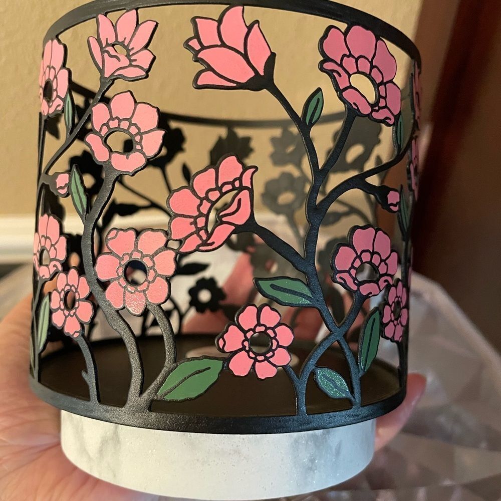 Bath & Body Works Black Metal Pink Poppy Flower Marble Base Candle Holder - Picture 8 of 14